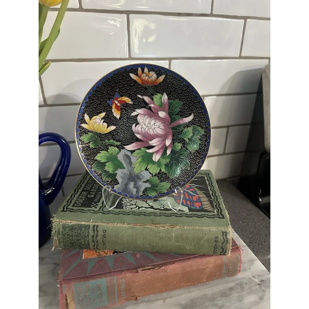 Vintage Japanese Cloisonne Jingfa Floral Enamel 6” Round Plate Turquoise Golden